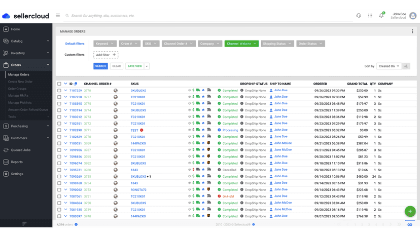 Manage orders page