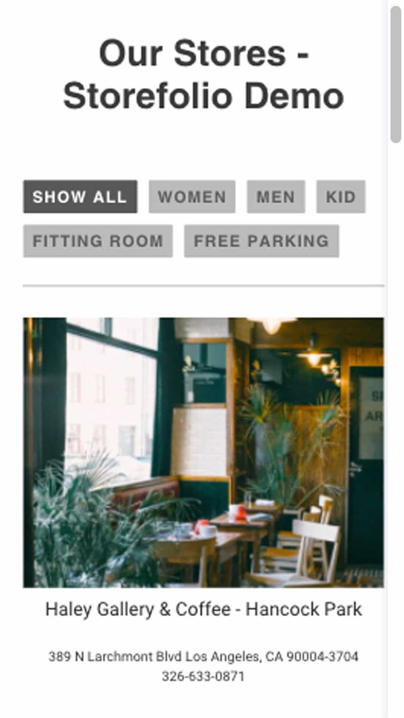 Storefolio Photo Gallery Style Store Locator - Mobile
