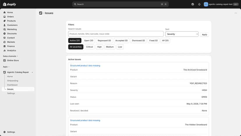 Issue inbox with filters and catalog issue details.