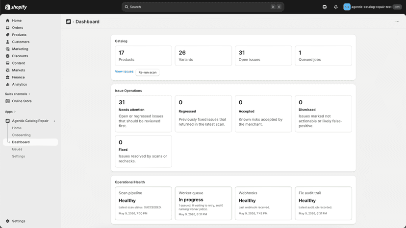 Dashboard showing catalog counts, issue status, and health.
