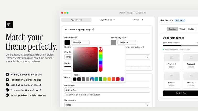 Customize bundle widget colors, layout, and buttons