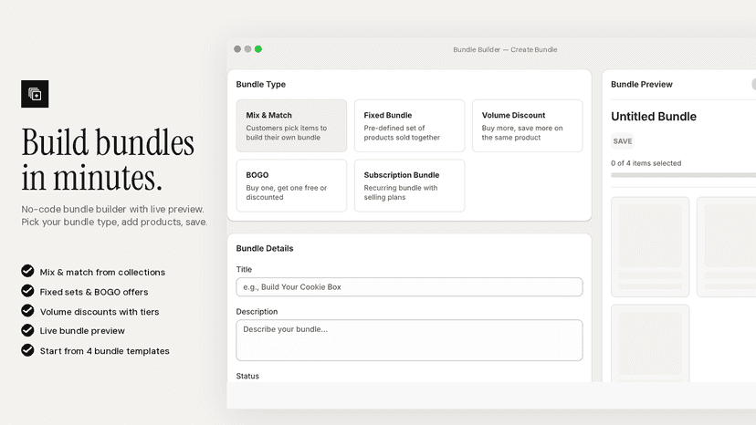 Bundle builder with mix and match, fixed, volume, and BOGO