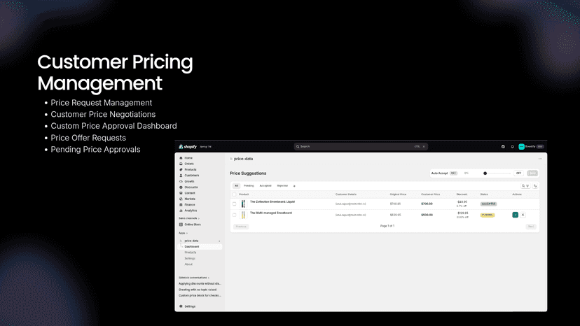 Customer pricing management dashboard.