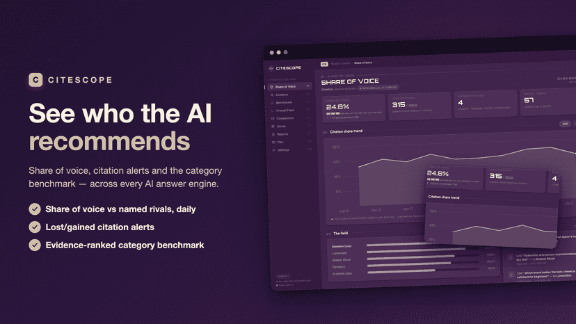 CiteScope hero: see who the AI recommends, with dashboard