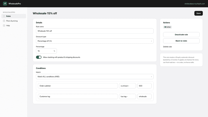 Multi-condition rule builder: subtotal and customer tag