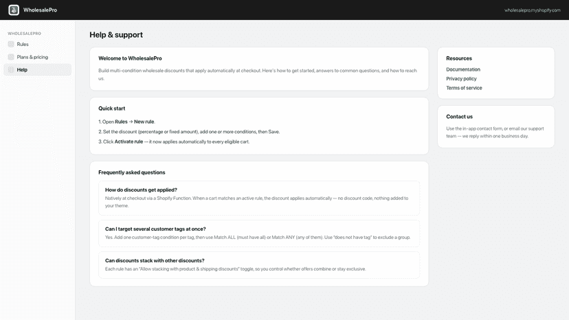 WholesalePro in-app help: quick start, FAQ, and support