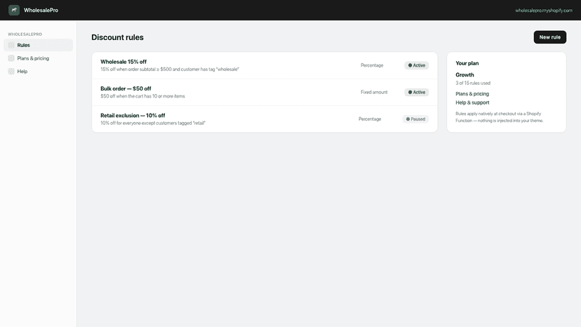 WholesalePro rules list with active wholesale discounts