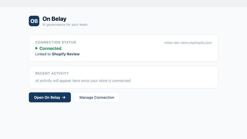 Connect and monitor On Belay directly from Shopify