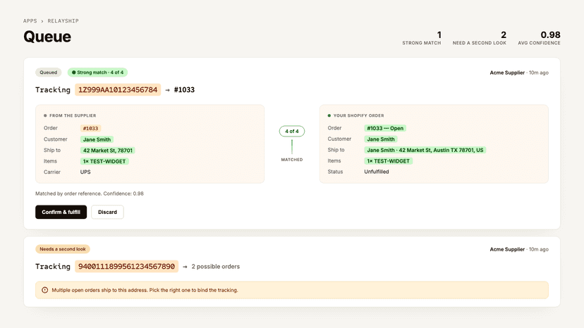 Queue view with side-by-side supplier email and matched Shopify