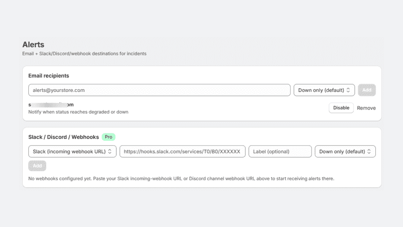 Alert recipients and Slack, Discord and webhook destinations