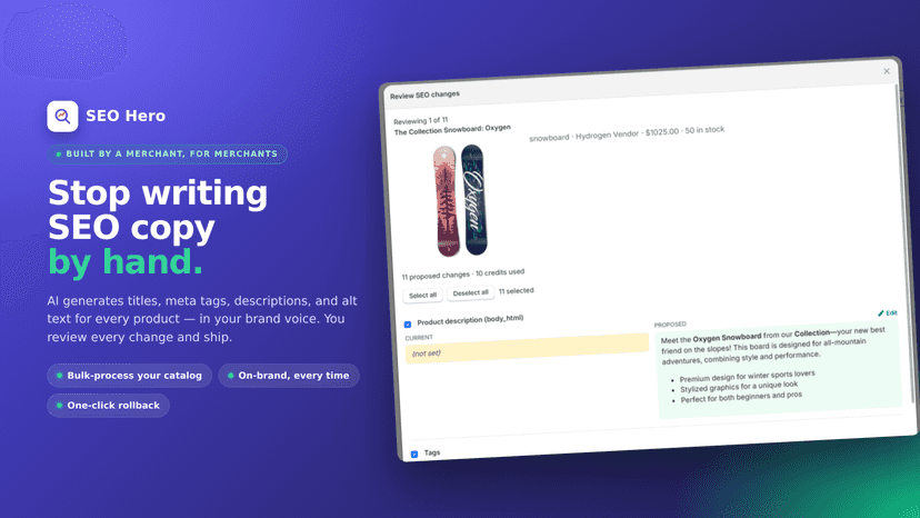 SEO Hero, Generates product titles, meta tags, and descriptions