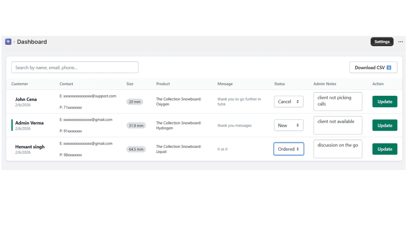 Dashboard for enquiry submission with status edit and downloads
