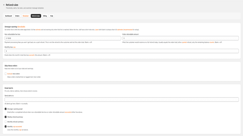 Refund rules Thresholds, alerts, fee rates and customer messages