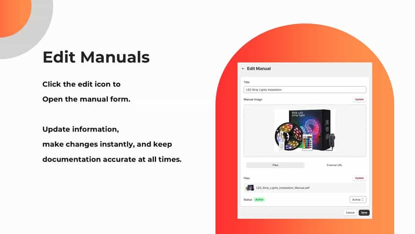 Edit manuals page showing a form to update a product manual