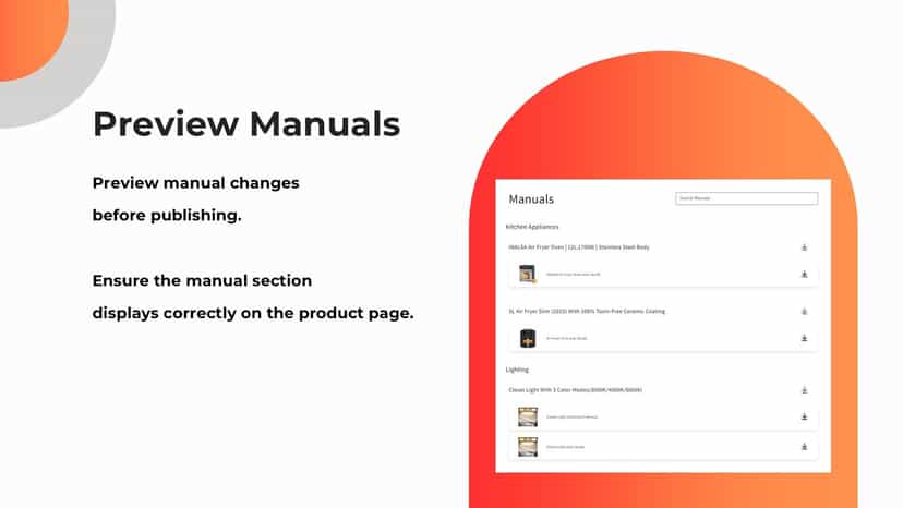 Preview of manuals page showing a list of product manuals