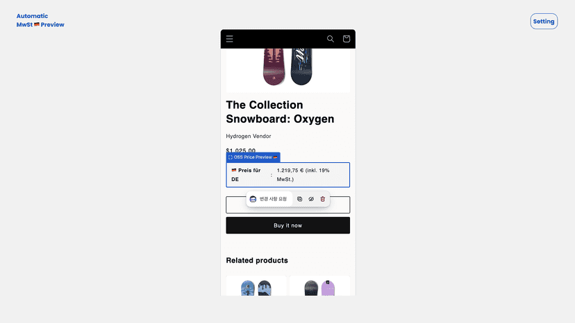 Adding the MwSt price preview block in Shopify theme editor.