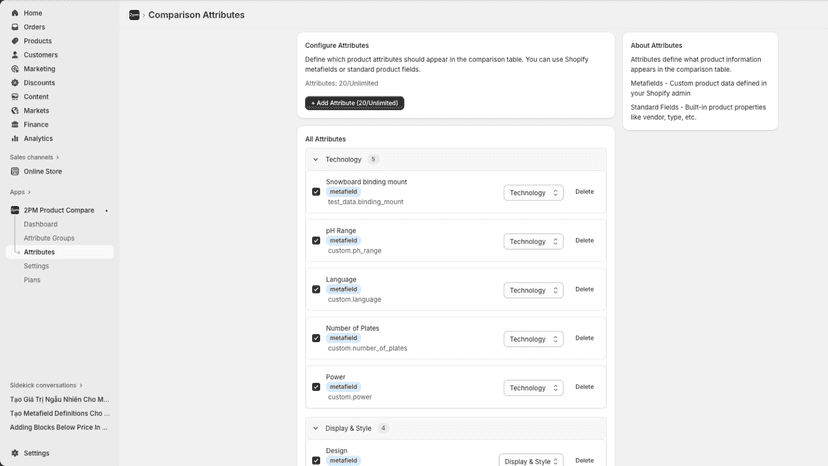 Product comparison attributes configuration screen