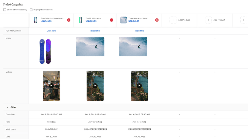 Detailed product comparison table with attachments