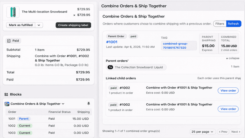 Admin combined order view with parent and child orders