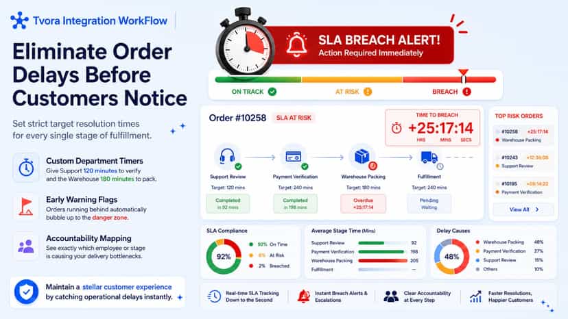 Pipeline view tracking order delays and active SLA breach notice