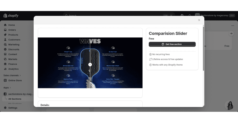 Preview section details and easily add them to your theme