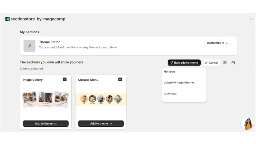 Manage sections and add to themes, including bulk-add options