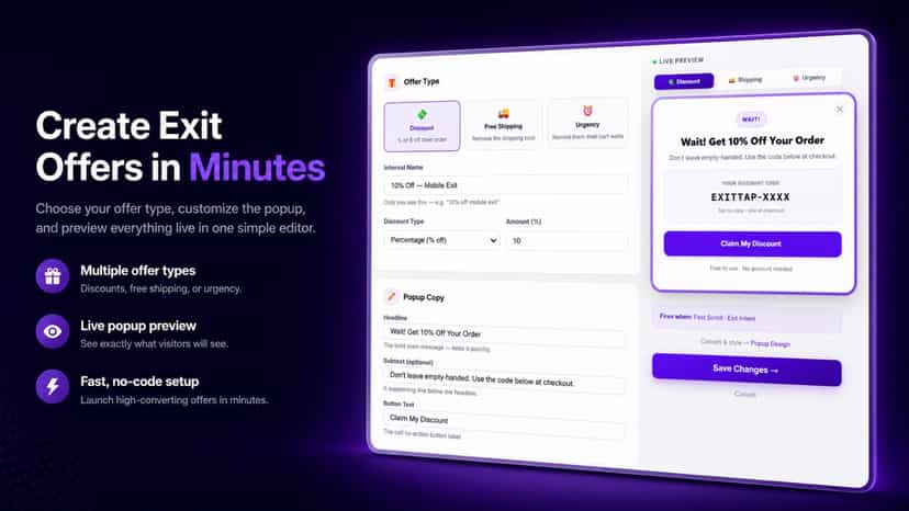 ExitTap offer editor showing discount popup with live preview