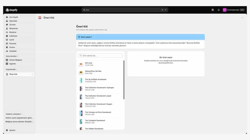 Admin panelde ürün arama ve seçim ekranı