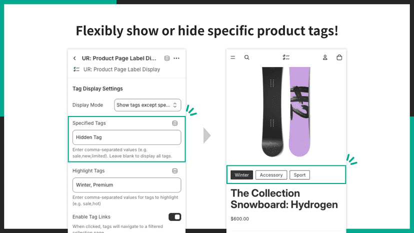 Flexibly show or hide specific product tags!