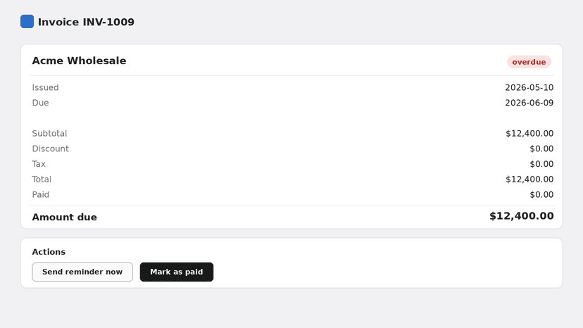 Invoice detail with send reminder, mark paid, and record payment