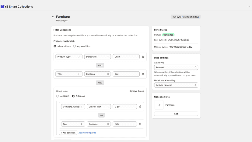 Collection editor with filter conditions and sort rules