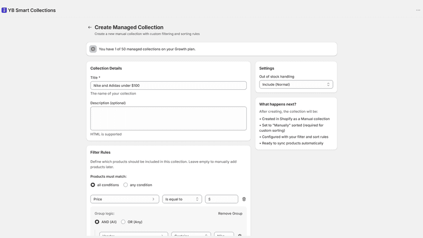 Creating a new collection with custom rules