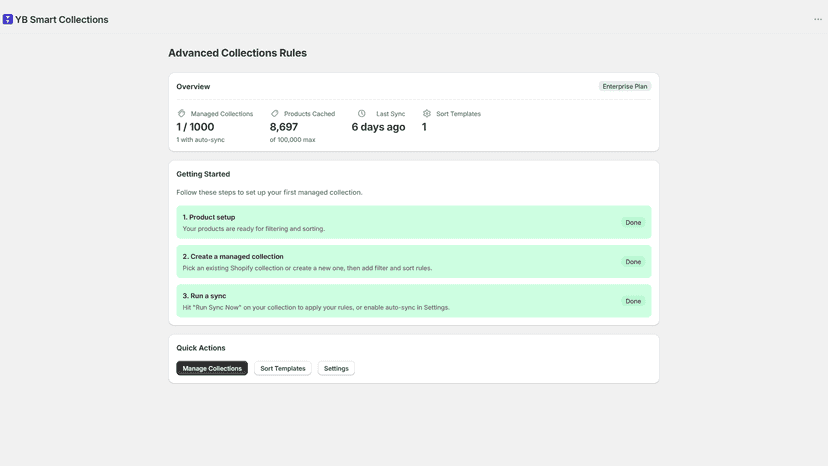 Smart Collections dashboard with collection and sync stats