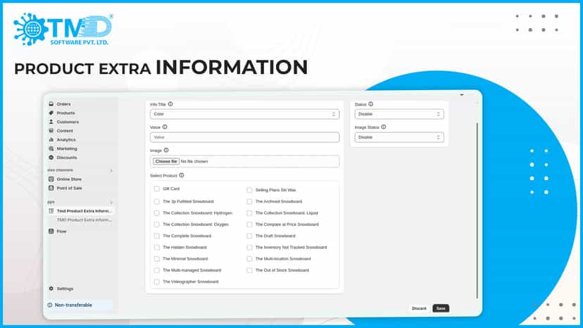 write the extra fields values, and selecting products to display