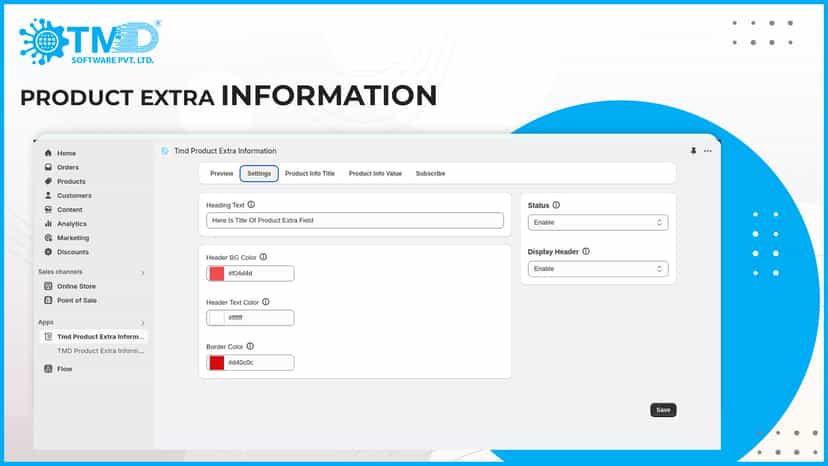 Main setting of the product extra information Shopify app