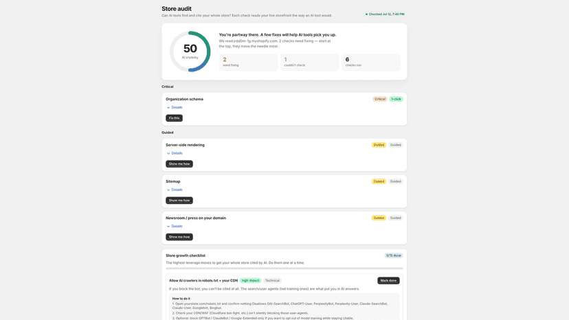 Store AI visibility audit with prioritized fixes