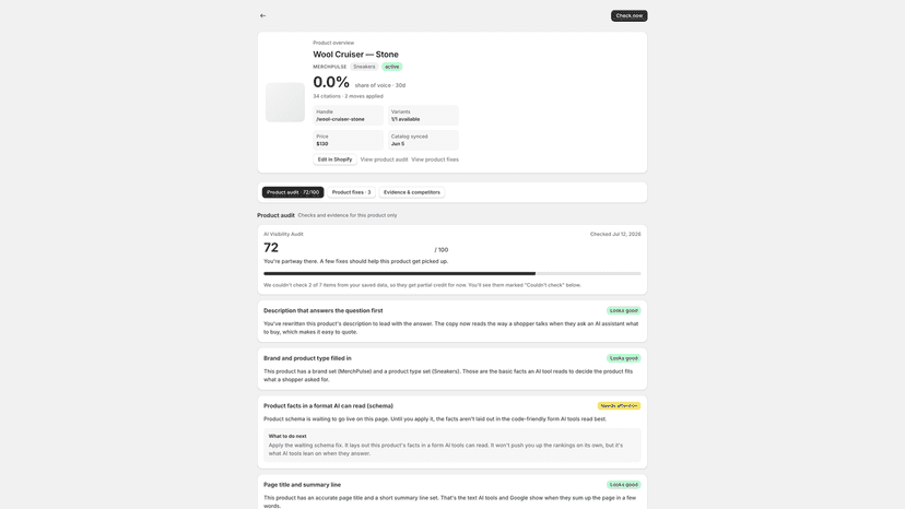 Product metadata and AI visibility audit with evidence