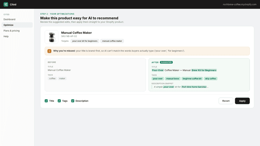 Optimize: one-click before/after catalog edit for a query