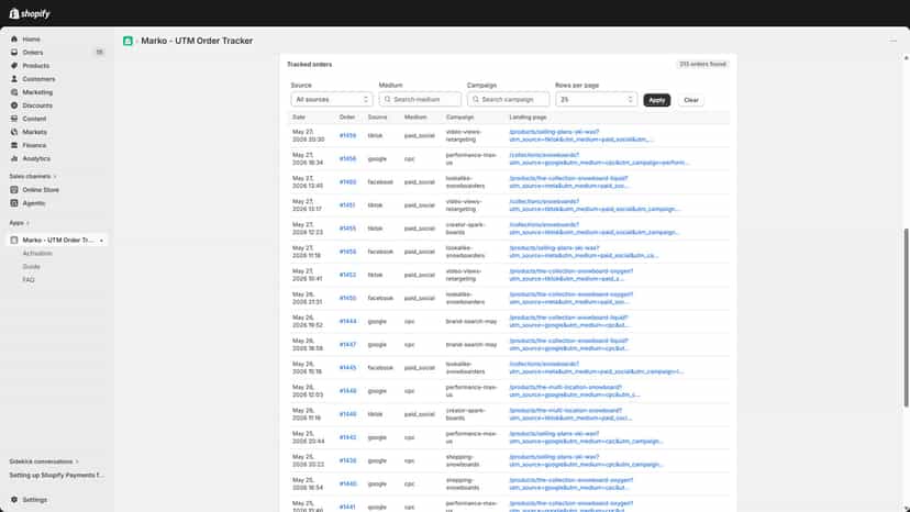 Dashboard with tracked orders table