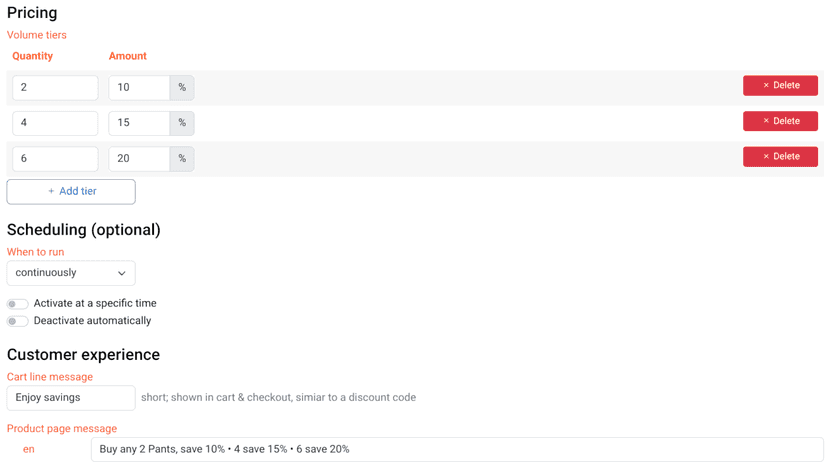 Setup volume discount: pricing & scheduling