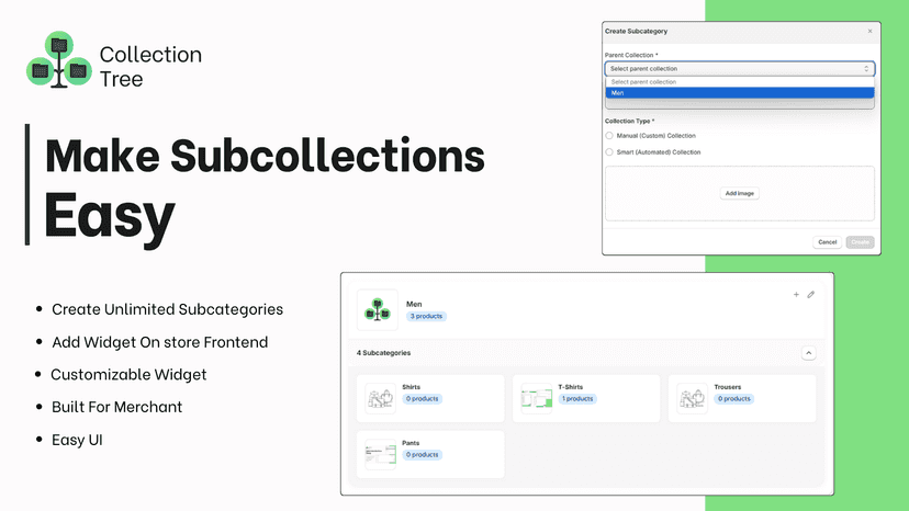 Create subcategories shopify app