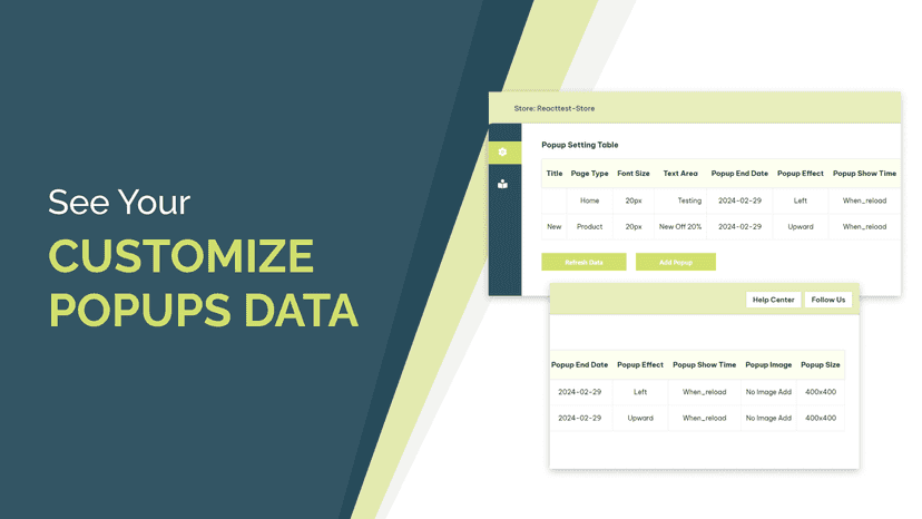 Setting information Data table. and Add Popup button.