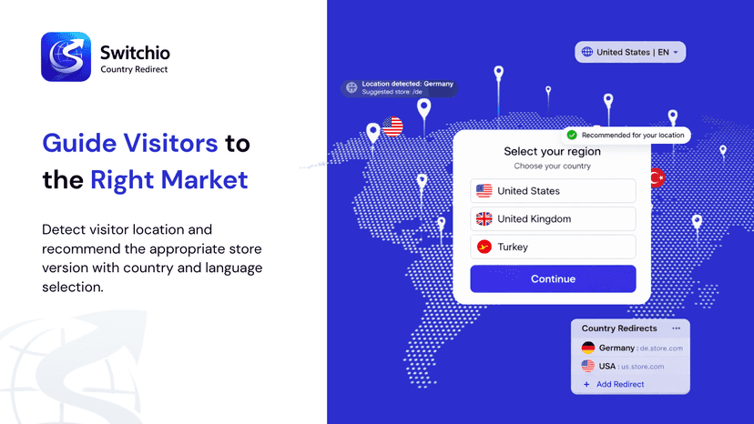 Geo location detection with market recommendation and selector