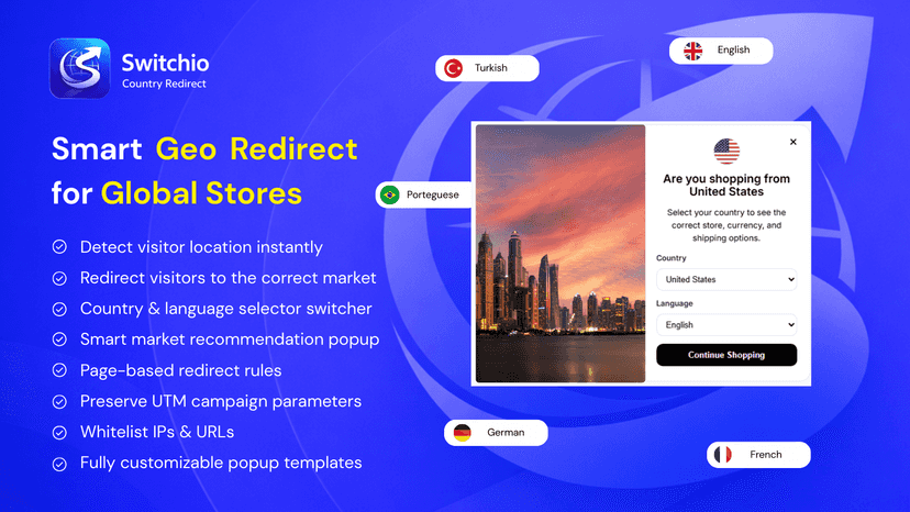 Geo redirect popup with country, language and market selector