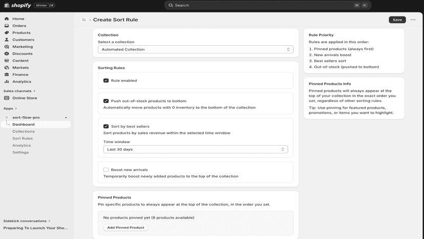 Collections page displaying all Shopify collections with sorting