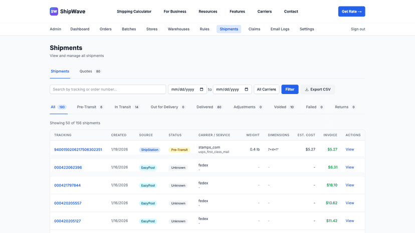 Shipments page with tracking numbers, carriers, and costs