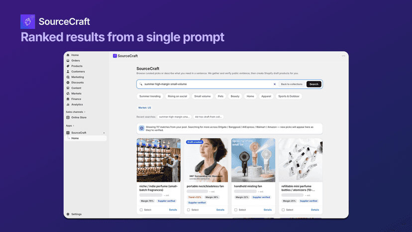 Ranked product cards from a natural-language sourcing query