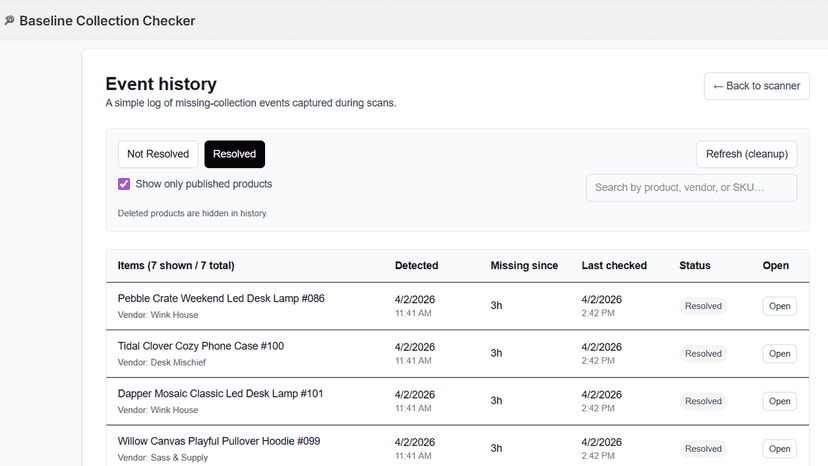 Resolved event history tab