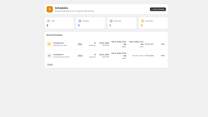 Schedules list showing executed bulk edit schedules