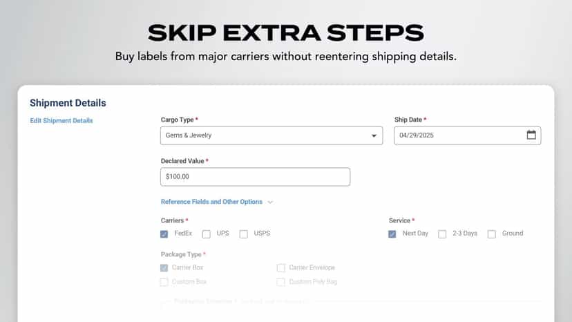 Screenshot with "skip extra steps" at top and cargo types